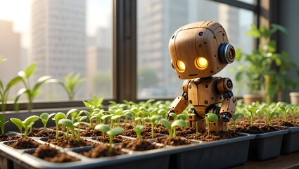 Wooden Robot Gardener Among Seedlings in Greenhouse