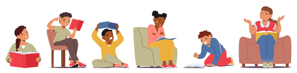 Set of diverse children cartoon characters having problem with reading and struggling with learning