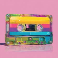 Naklejka premium A colorful, neon green cassette tape with a pink background. The tape is a bright, vibrant color and has a retro feel to it