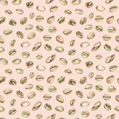 Pistachio seamless pattern on beige background. Watercolor hand-drawn pistachios; for fabric, wrapping paper, home textile, cafe decor, cookbooks, and more
