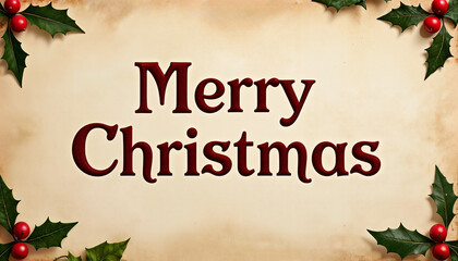 Merry Christmas greeting with holly leaves on parchment background  
