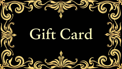 Elegant gift card design with gold ornate frame on black background  
