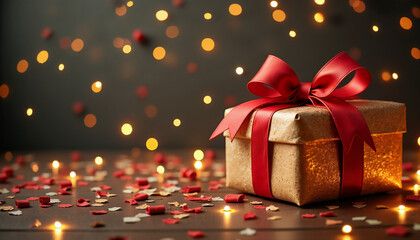 Gift box with red ribbon surrounded by festive decorations for Christmas cards  