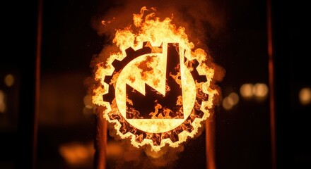 Intense flame animation consuming industrial emblem high contrast fiery light effects.