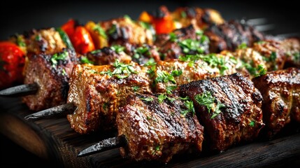 A plate of meat skewers with a variety of vegetables and herbs. The presentation is colorful and appetizing