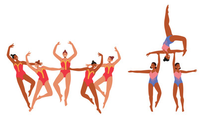 Graceful women gymnasts team in sportswear dancing ballet isolated set on white background