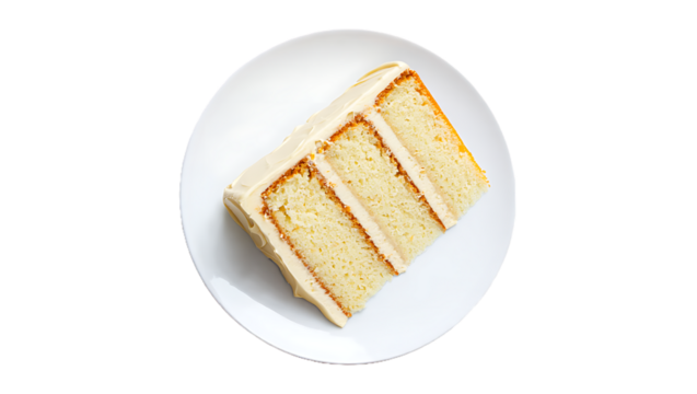 A slice of vanilla layer cake with cream icing is isolated on transparent background