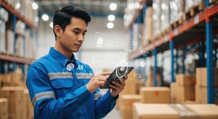 Smart logistics worker coordinating package delivery using ARenabled handheld device.