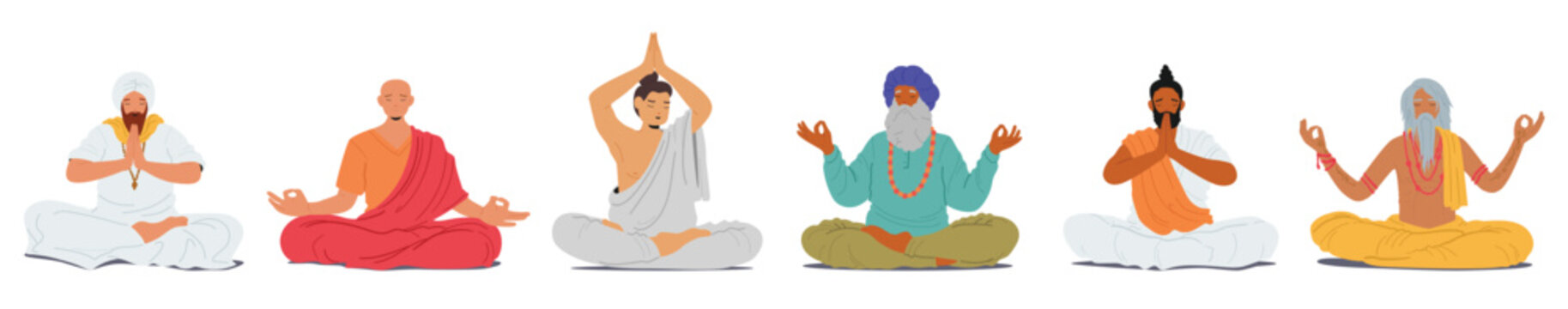 Different guru teachers meditating sitting in lotus position feeling mindfulness and peaceful set