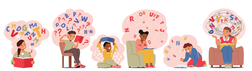 Children cartoon characters suffering from dyslexia learning disorder having difficulties in reading