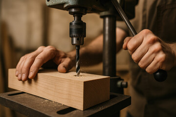 Precision Craft: A craftsman meticulously drills a precise hole into a wooden block using a drill press, showcasing skill and the essence of woodworking craftsmanship.
