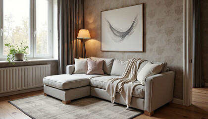 Fototapeta premium Modern Cozy Living Room with Stylish Sofa and Wall Art