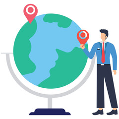 Flat illustration of businessman CEO place new branch pin on world map globe global business expansion growing franchise worldwide stock illustration