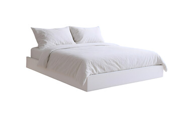 Elegant modern white bed with plush pillows and a cozy comforter, perfect for a serene bedroom setting.