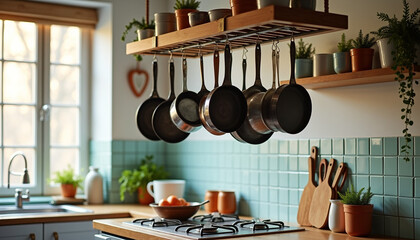 Modern Kitchen Interior with Hanging Stainless Steel Cookware