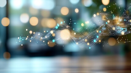 Abstract Digital Graphic Overlay On Wooden Table With Blurred Cafe Lights