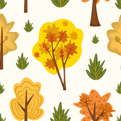 Autumn vector seamless pattern.Magical yellow trees and bushes. Rowan berries.