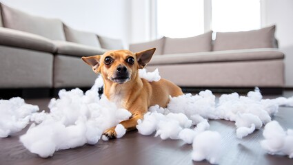 Mischievous Dog Surrounded by Shredded Cushion in Living Room