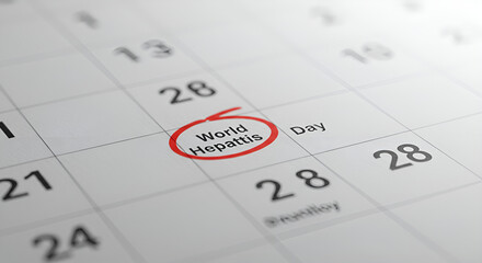 Close-up view of a calendar highlighting World Hepatitis Day, circled in red.