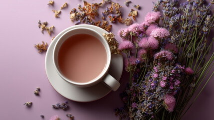 Minimalist Tea Composition with Lavender Flowers on Pale Background – Elegant Flatlay Featuring Pastel Purple Aesthetic and Cup of Tea
