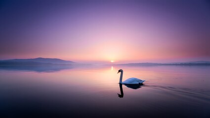 Elegant Swan Swimming on Calm Lake at Sunset