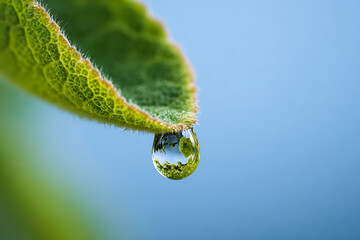 Close-up of a dewdrop reflecting greenery on a fuzzy leaf edge