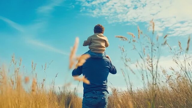 Man is carrying a child on his back while walking through a field. The scene is peaceful and serene, with the blue sky and green grass creating a calming atmosphere
