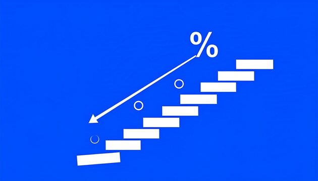 White steps rising, percentage symbol, downward arrow