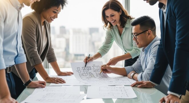 Diverse coworkers brainstorming over detailed project layouts