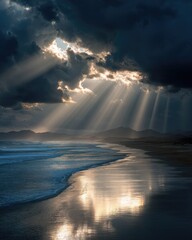 Fototapeta premium Sunlight piercing dark clouds over beach
