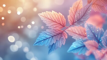 Obraz premium A close-up shot of delicate, pastel-colored leaves adorned with a sparkling, frosty texture against a bokeh background