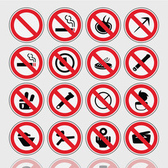 Collection of red and white prohibition signs showing various forbidden activities