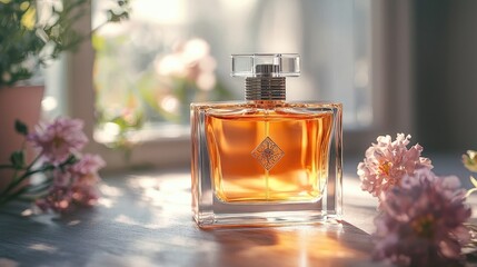 Amber perfume bottle, sunlit by window