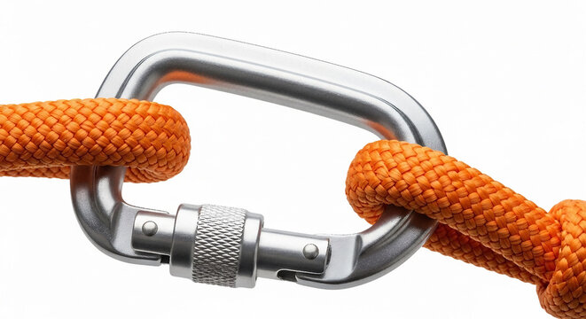 Silver Metal Carabiner Clip Securing Orange Climbing Rope safety equipment - Powered by Adobe