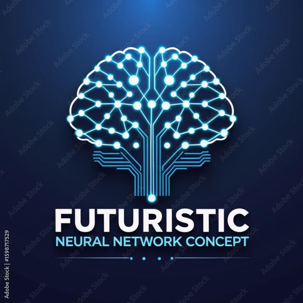 Poster glowing brain illustration with connected dots and lines representing neural network technology desi