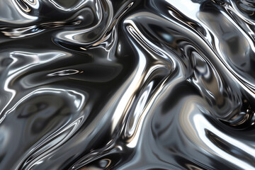 Metallic fluid waves in dark chrome with reflective 3D surface – abstract futuristic texture
