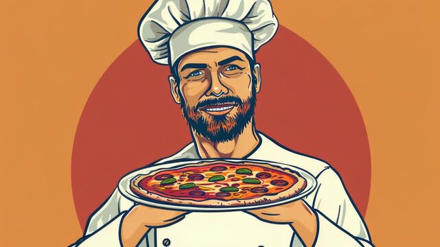 A chef in a traditional chef's hat holds a freshly baked pizza