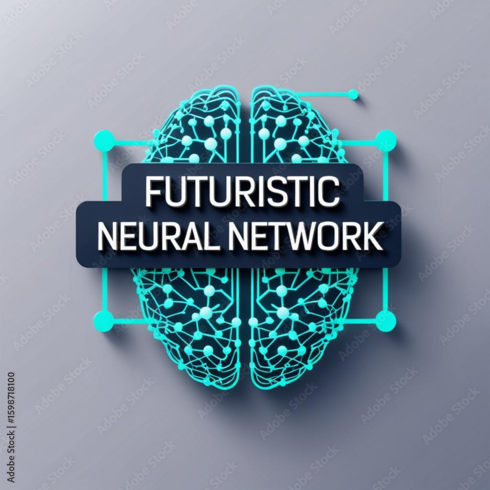 Fototapete illustration of a glowing teal brain with connecting nodes and lines on a gray surface with text ove