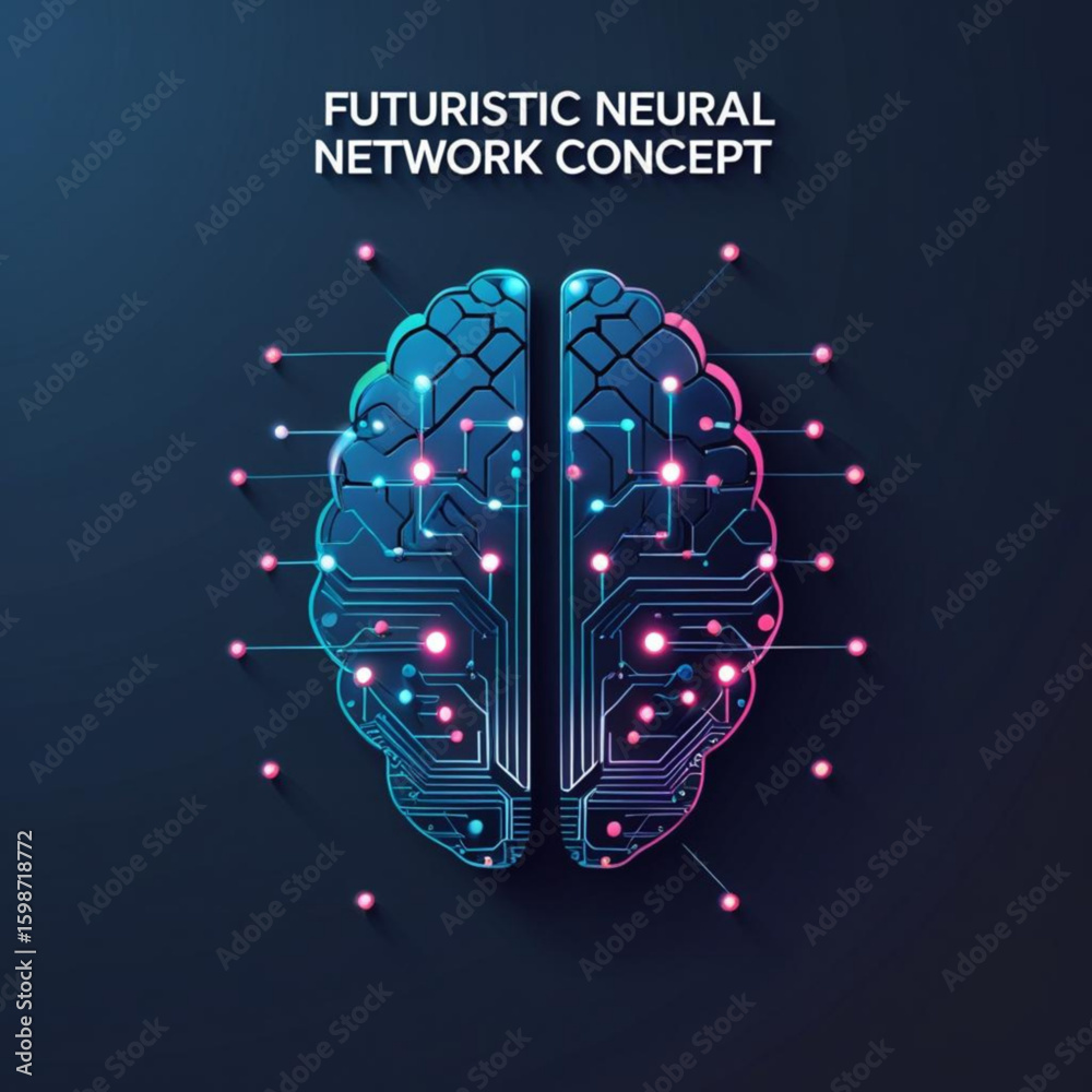 Poster illustration of a brain with circuit patterns and glowing nodes against a solid color plain surface 