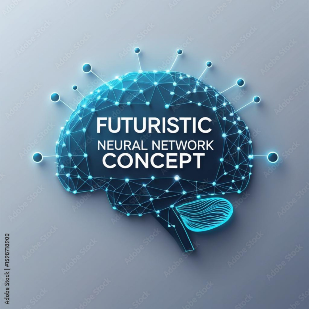 Poster illustration of a brain with connected nodes representing neural network and artificial intelligence
