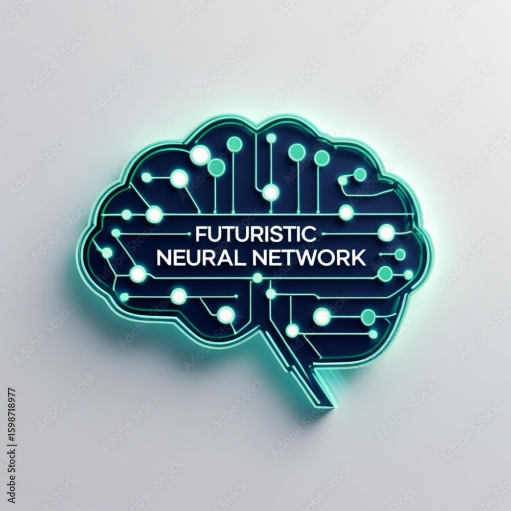 Fototapete glowing brain shaped circuit board with futuristic neural network text inside the design element on 