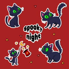 Stickers set collection for Halloween occasion. Cute and funny magical black cat character avatar. Halloween decoration autumn october festive