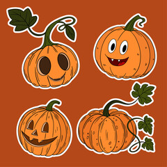 Stickers set collection for Halloween occasion. Cute and orange magical pumpkins cut out. Halloween decoration autumn october festive