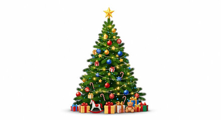 Obraz premium Decorated Christmas Tree with Gifts and Ornaments on White Background presents