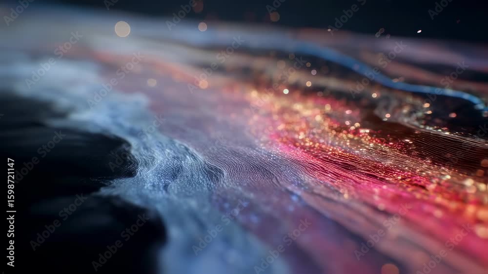 Poster smooth colorful lines flowing and blending, creating an abstract design with sparkling particles, pe