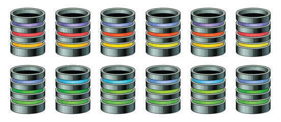 Collection of stacked colorful metal cylinders with black tops and silver bases