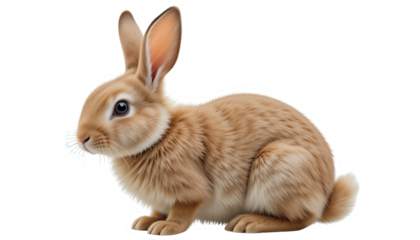 A fluffy brown rabbit sits calmly, isolated on transparent background, showcasing its soft fur and gentle expression