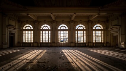 Abandoned Grand Ballroom - Sunlight Streaming Through Arched Windows