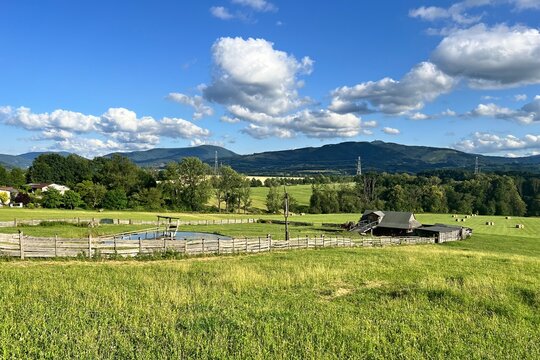 Agricultural landscape with field and wooden farmhouse