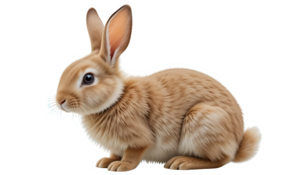 A fluffy brown rabbit sits calmly, isolated on transparent background, showcasing its soft fur and gentle expression